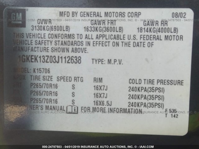 1GKEK13Z03J112638 - 2003 GMC YUKON BLACK photo 9