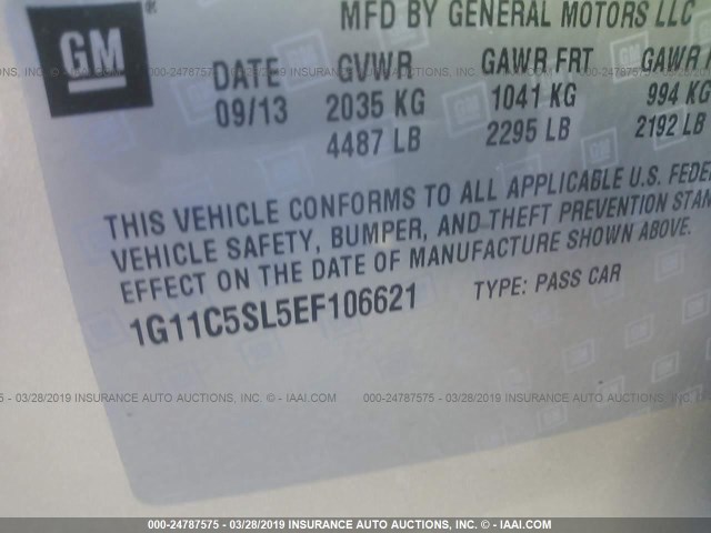 1G11C5SL5EF106621 - 2014 CHEVROLET MALIBU 1LT ვერცხლისფერი ფოტო 9