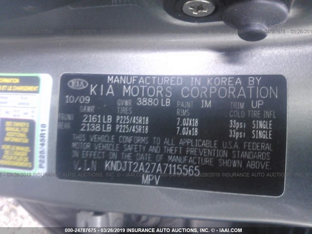 KNDJT2A27A7115565 - 2010 KIA SOUL +/!/SPORT GRAY photo 9