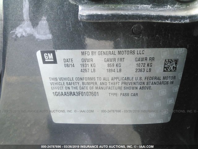 1G6AA5RA3F0107601 - 2015 CADILLAC ATS GRAY photo 9