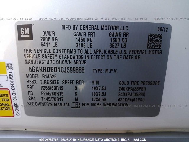 5GAKRDED1CJ399888 - 2012 BUICK ENCLAVE WHITE photo 9