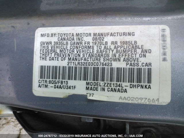 2T1LR32E03C076423 - 2003 TOYOTA COROLLA MATRIX  BLUE photo 9