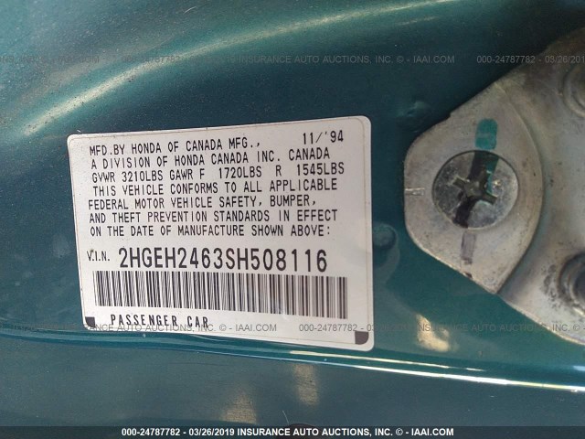 2HGEH2463SH508116 - 1995 HONDA CIVIC DX GREEN photo 9