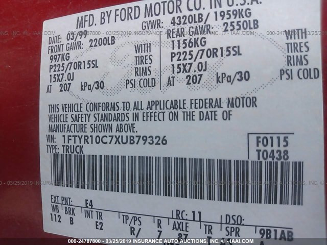 1FTYR10C7XUB79326 - 1999 FORD RANGER RED photo 9