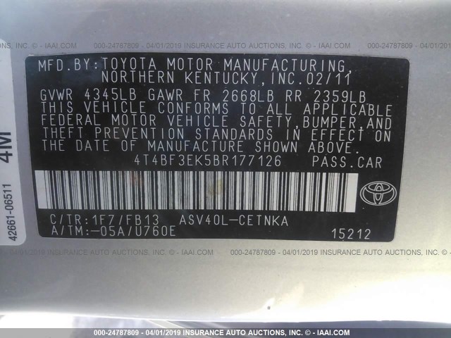 4T4BF3EK5BR177126 - 2011 TOYOTA CAMRY SE/LE/XLE SILVER photo 9