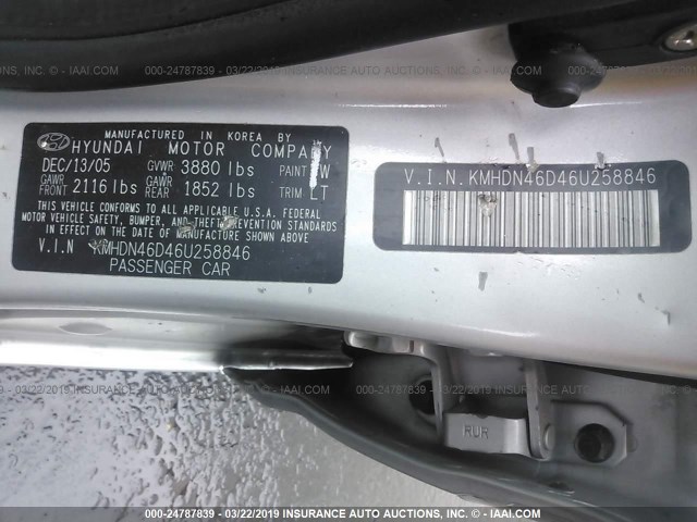 KMHDN46D46U258846 - 2006 HYUNDAI ELANTRA GLS/GT/LIMITED SILVER photo 9