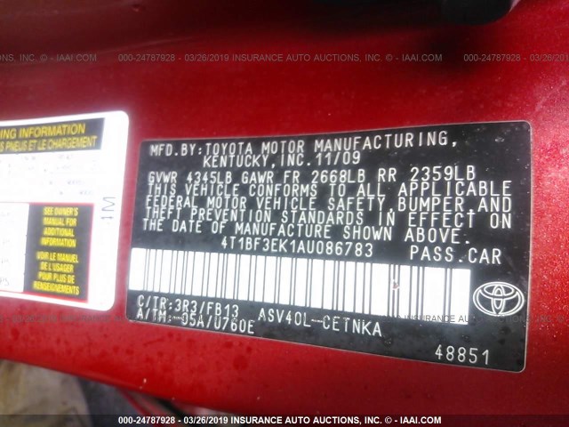 4T1BF3EK1AU086783 - 2010 TOYOTA CAMRY SE/LE/XLE RED photo 9