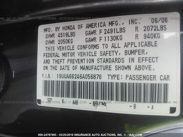 19UUA66246A056876 - 2006 ACURA 3.2TL GRAY photo 9