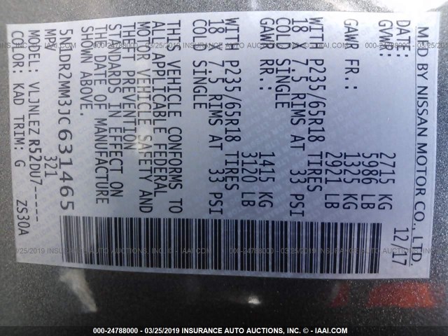 5N1DR2MM3JC631465 - 2018 NISSAN PATHFINDER S/SV/SL/PLATINUM GRAY photo 9