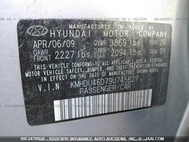 KMHDU46D79U745627 - 2009 HYUNDAI ELANTRA GLS/SE SILVER photo 9