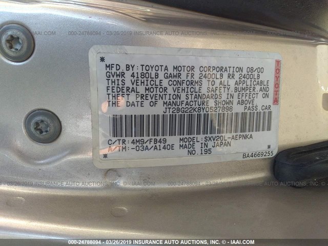 JT2BG22K8Y0527898 - 2000 TOYOTA CAMRY CE/LE/XLE 棕色 照片 9