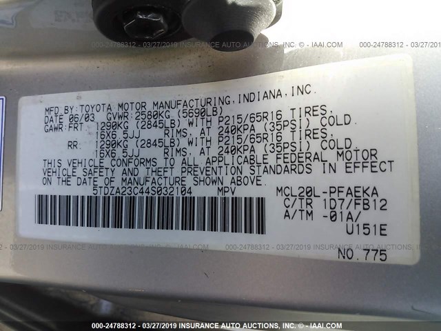 5TDZA23C44S032104 - 2004 TOYOTA SIENNA CE/LE SILVER photo 9