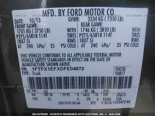 1FTFX1EFXDFE04872 - 2013 FORD F150 SUPER CAB GRAY photo 9