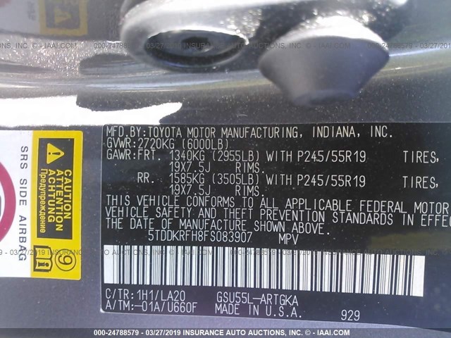 5TDDKRFH8FS083907 - 2015 TOYOTA HIGHLANDER LIMITED/LTD PLATINUM GRAY photo 9