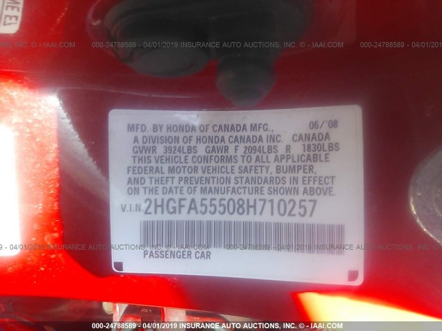 2HGFA55508H710257 - 2008 HONDA CIVIC SI 红色 照片 9