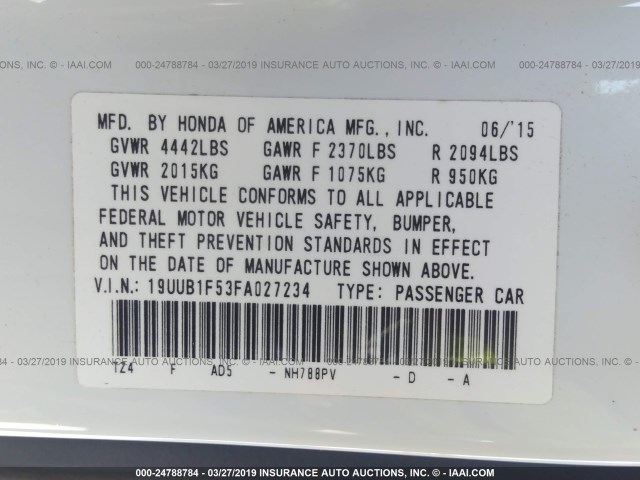 19UUB1F53FA027234 - 2015 ACURA TLX TECH WHITE photo 9