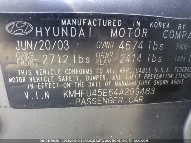 KMHFU45E64A299483 - 2004 HYUNDAI XG 350 SILVER photo 9