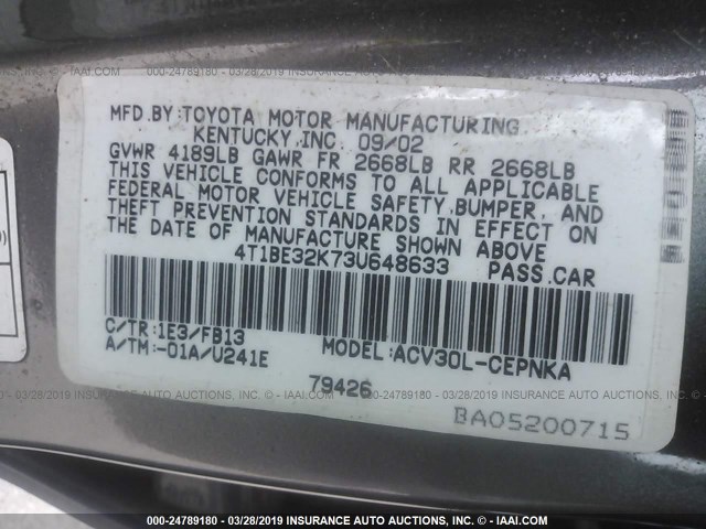 4T1BE32K73U648633 - 2003 TOYOTA CAMRY LE/XLE/SE GRAY photo 9