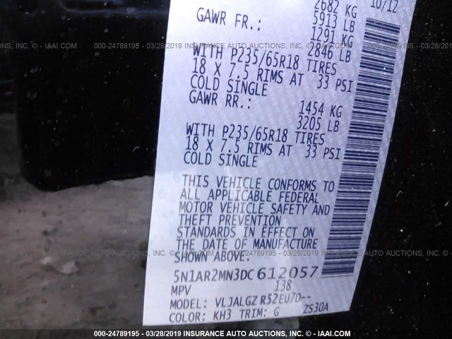 5N1AR2MN3DC612057 - 2013 NISSAN PATHFINDER S/SV/SL/PLATINUM BLACK photo 9