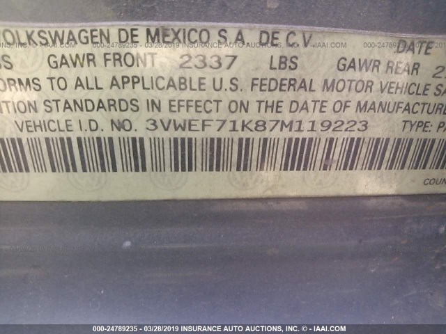 3VWEF71K87M119223 - 2007 VOLKSWAGEN JETTA WOLFSBURG 灰色 照片 9