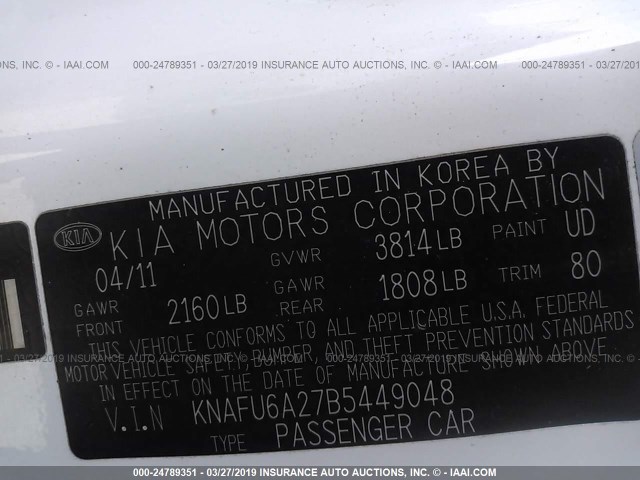 KNAFU6A27B5449048 - 2011 KIA FORTE EX WHITE photo 9