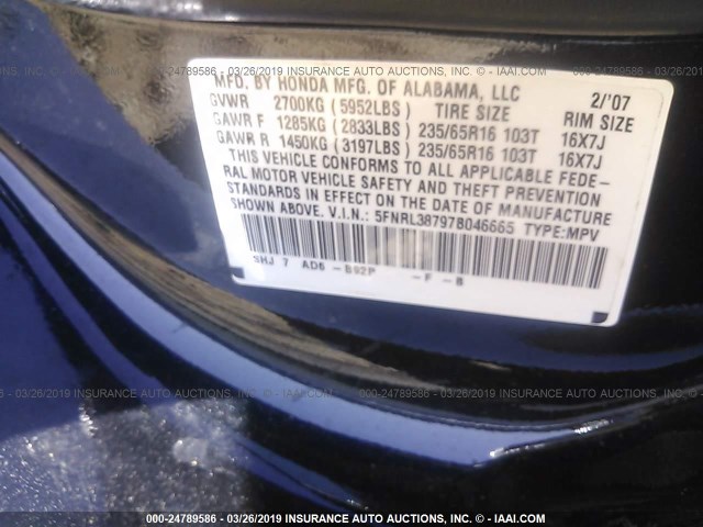 5FNRL38797B046665 - 2007 HONDA ODYSSEY EXL BLACK photo 9