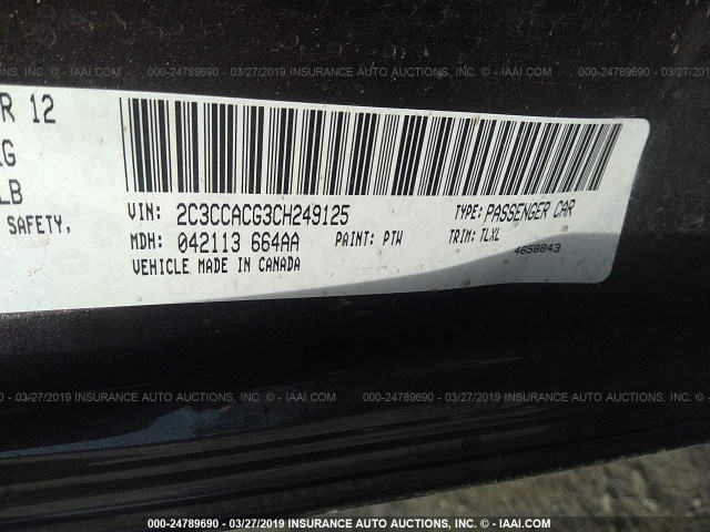 2C3CCACG3CH249125 - 2012 CHRYSLER 300 LIMITED BLACK photo 9