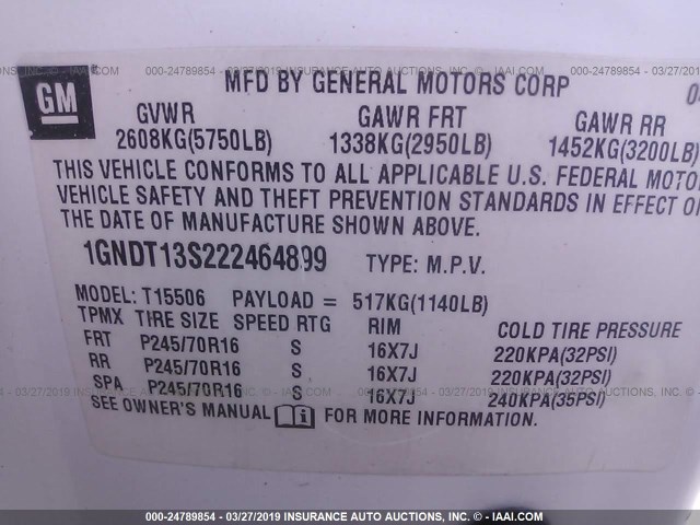 1GNDT13S222464899 - 2002 CHEVROLET TRAILBLAZER  WHITE photo 9