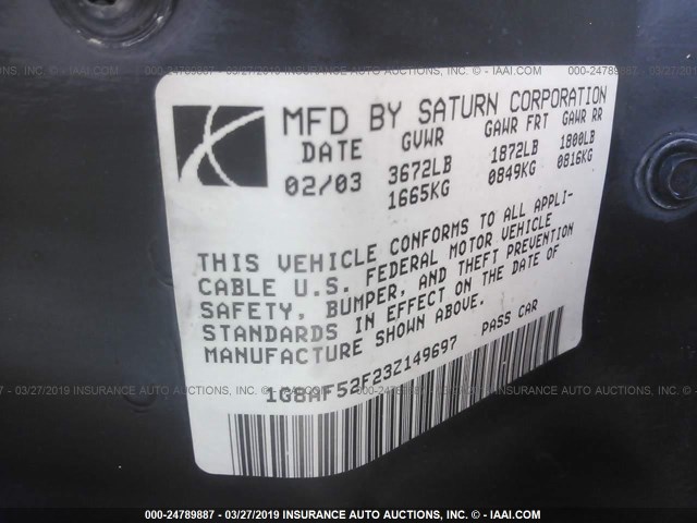 1G8AF52F23Z149697 - 2003 SATURN ION LEVEL 1 BLACK photo 9