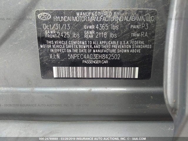 5NPEC4AC3EH842502 - 2014 HYUNDAI SONATA SE/LIMITED GRAY photo 9