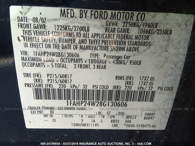 1FAHP24W28G130606 - 2008 FORD TAURUS SEL BLACK photo 9