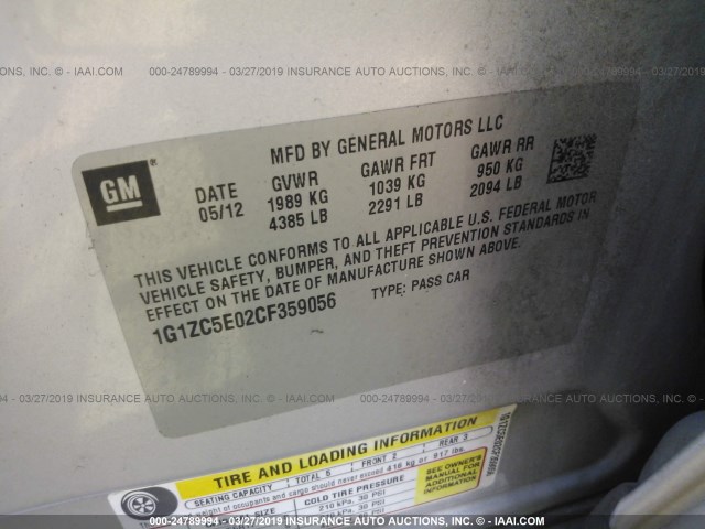 1G1ZC5E02CF359056 - 2012 CHEVROLET MALIBU 1LT 银色 照片 9