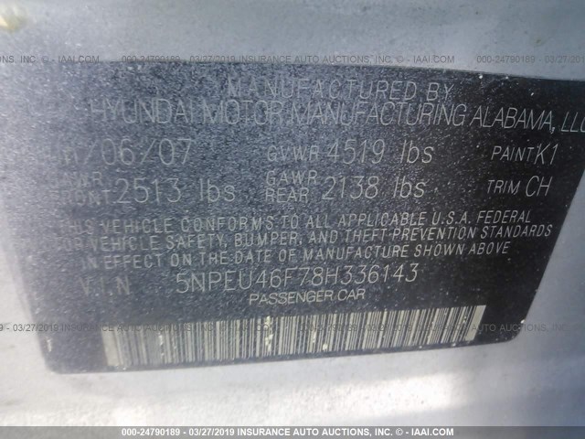 5NPEU46F78H336143 - 2008 HYUNDAI SONATA SE/LIMITED SILVER photo 9