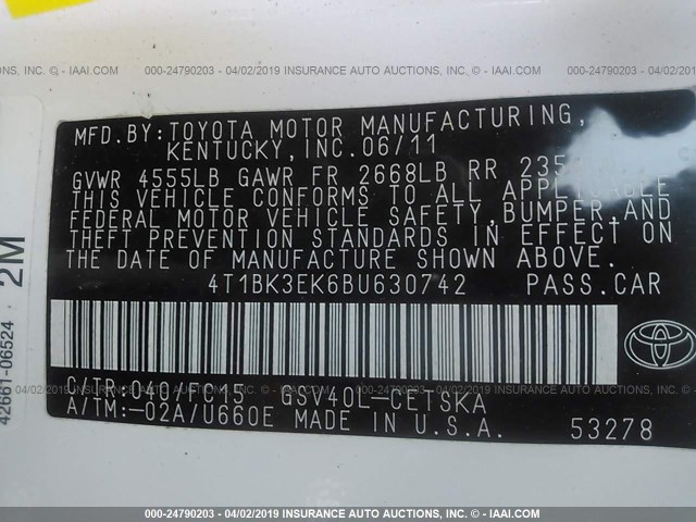 4T1BK3EK6BU630742 - 2011 TOYOTA CAMRY SE/LE/XLE WHITE photo 9