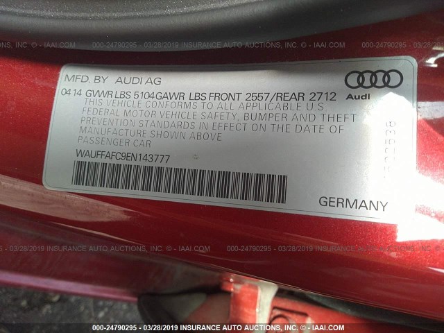 WAUFFAFC9EN143777 - 2014 AUDI A6 PREMIUM RED photo 9