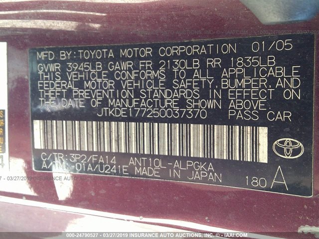JTKDE177250037370 - 2005 TOYOTA SCION TC PURPLE photo 9