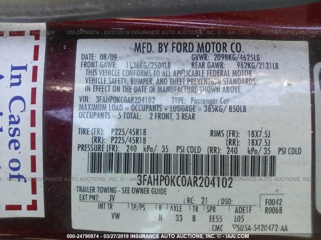 3FAHP0KC0AR204102 - 2010 FORD FUSION SPORT RED photo 9