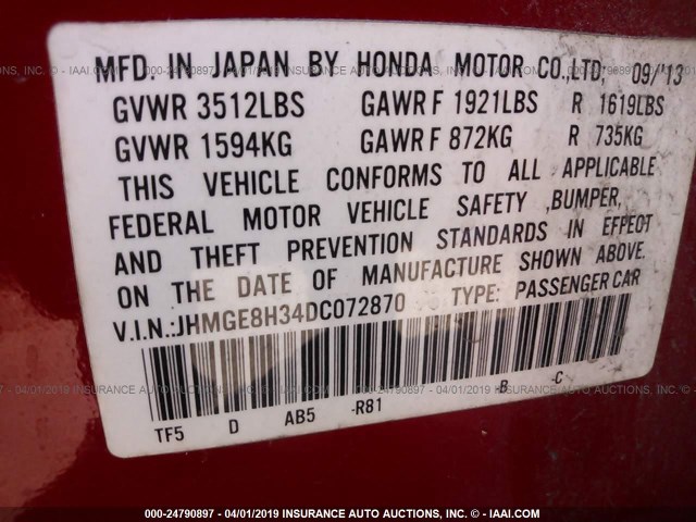 JHMGE8H34DC072870 - 2013 HONDA FIT RED photo 9