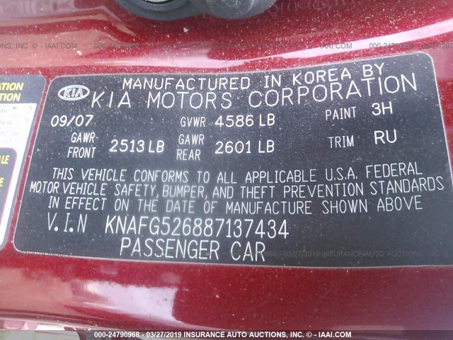 KNAFG526887137434 - 2008 KIA RONDO LX/EX RED photo 9