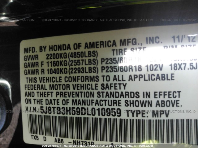 5J8TB3H59DL010959 - 2013 ACURA RDX TECHNOLOGY BLACK photo 9