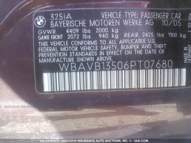 WBAVB13506PT07680 - 2006 BMW 325 I MAROON photo 9