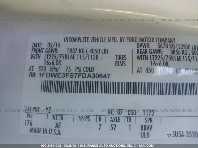 1FDWE3FS7FDA30647 - 2015 FORD ECONOLINE E350 SUPER DUTY CTWAY VAN WHITE photo 9