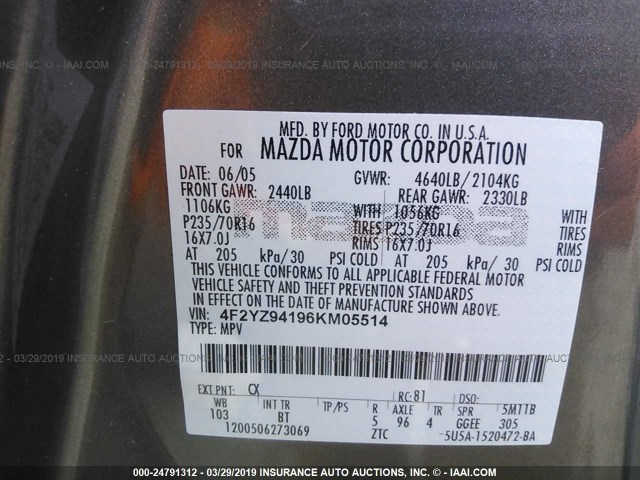 4F2YZ94196KM05514 - 2006 MAZDA TRIBUTE S GRAY photo 9