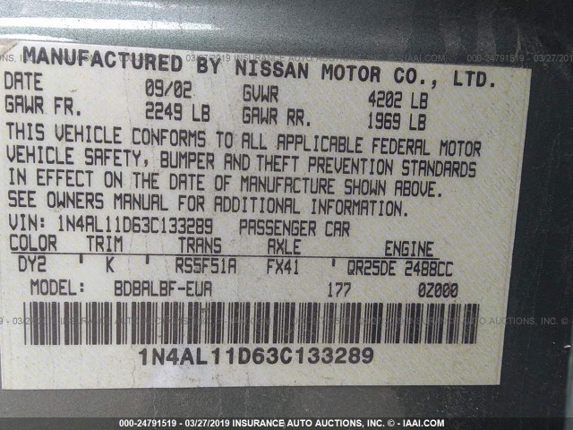 1N4AL11D63C133289 - 2003 NISSAN ALTIMA S/SL GRAY photo 9