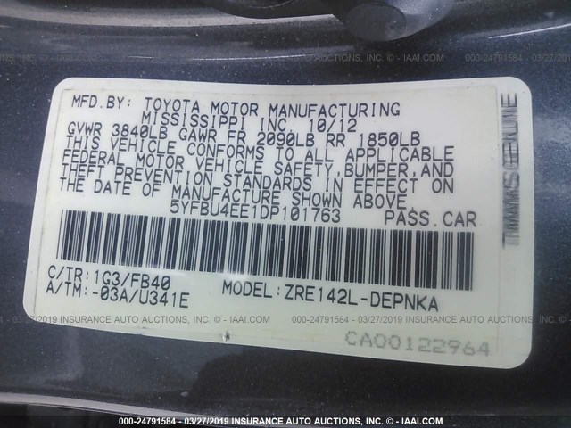 5YFBU4EE1DP101763 - 2013 TOYOTA COROLLA S/LE GRAY photo 9