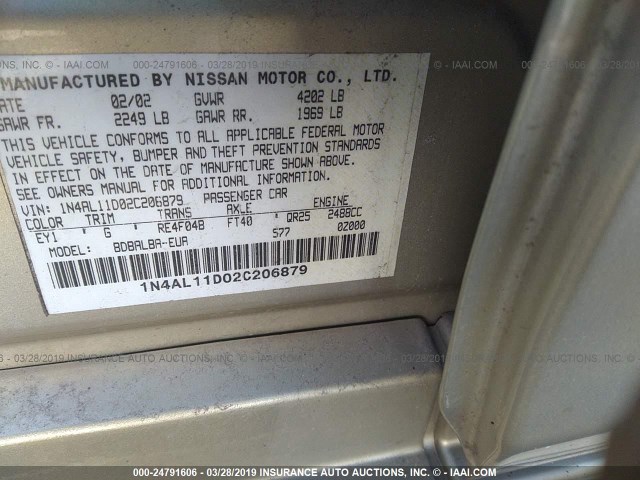 1N4AL11D02C206879 - 2002 NISSAN ALTIMA S/SL GOLD photo 9