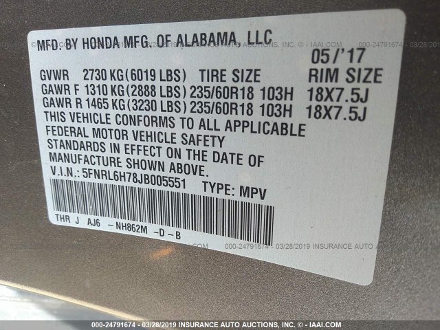 5FNRL6H78JB005551 - 2018 HONDA ODYSSEY EXL GRAY photo 9