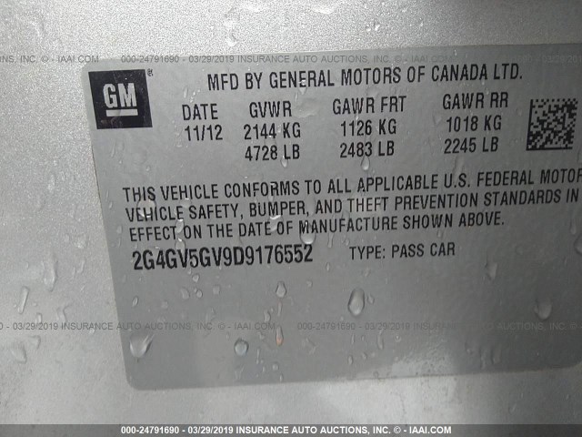 2G4GV5GV9D9176552 - 2013 BUICK REGAL GS SILVER photo 9