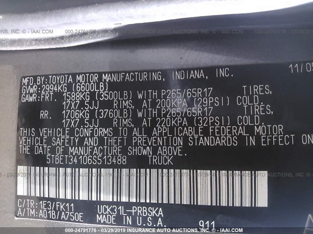 5TBET34106S513488 - 2006 TOYOTA TUNDRA DOUBLE CAB SR5 GRAY photo 9