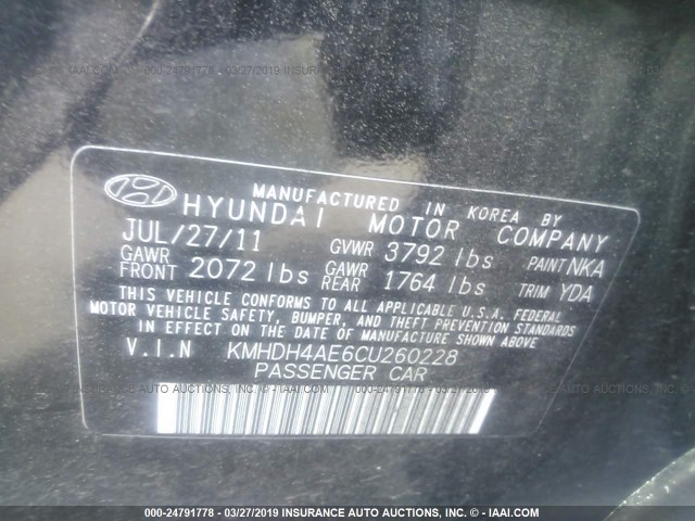 KMHDH4AE6CU260228 - 2012 HYUNDAI ELANTRA GLS/LIMITED BLACK photo 9